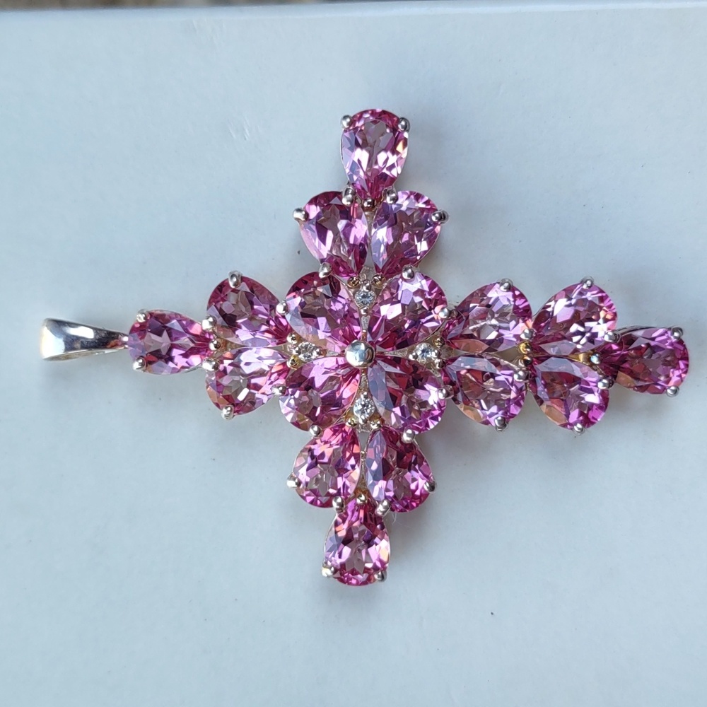 Pink Topaz Gemstone Cross Pendant Sterling Silver - Picture 2 of 6